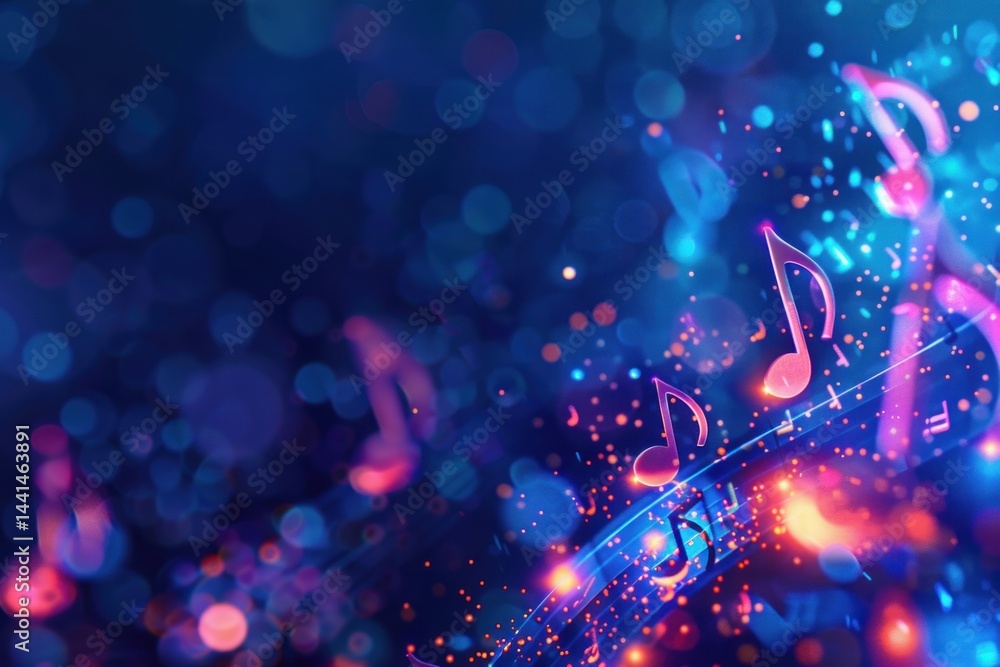 Aufkleber glowing colorful musical notes flowing through vibrant blue and purple background with light bokeh a