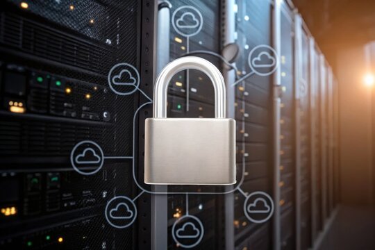 A secure server room with a padlock overlay and cloud icons, symbolizing cybersecurity and cloud data protection.
