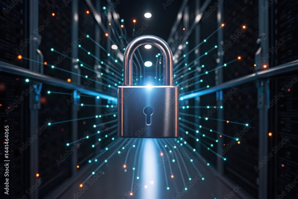 Poster a metallic padlock surrounded by glowing digital lines in a server room, symbolizing cybersecurity a