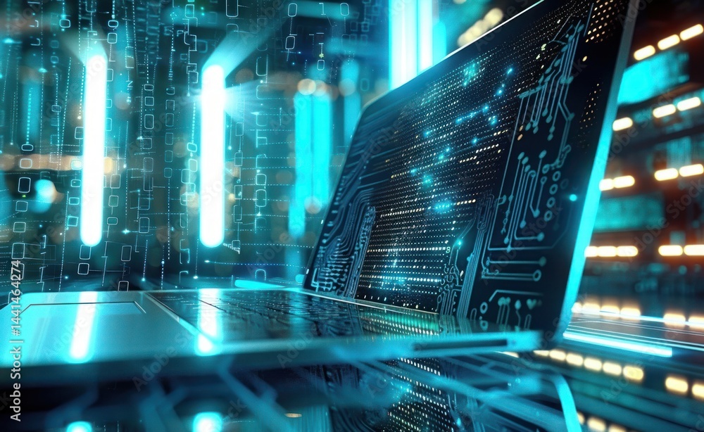 Poster close-up of a futuristic laptop with glowing blue circuit patterns and neon light reflections convey