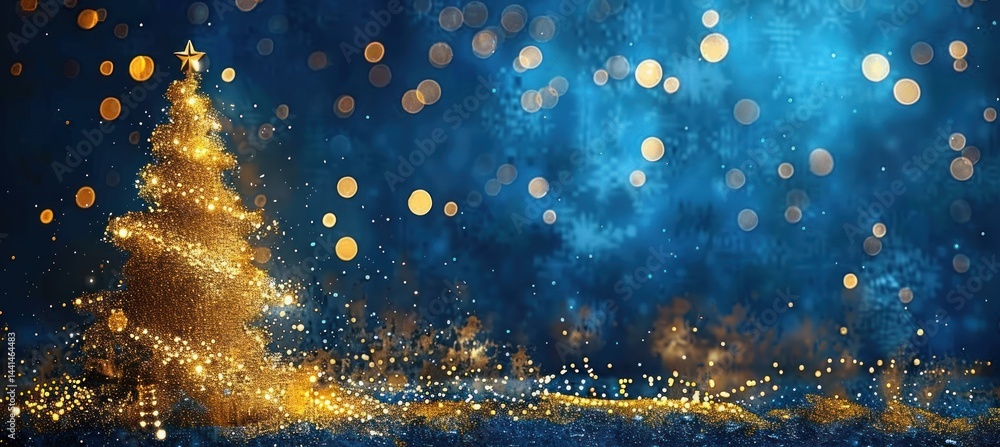 Aufkleber glowing golden christmas tree with sparkling lights and star on top surrounded by scattered golden p