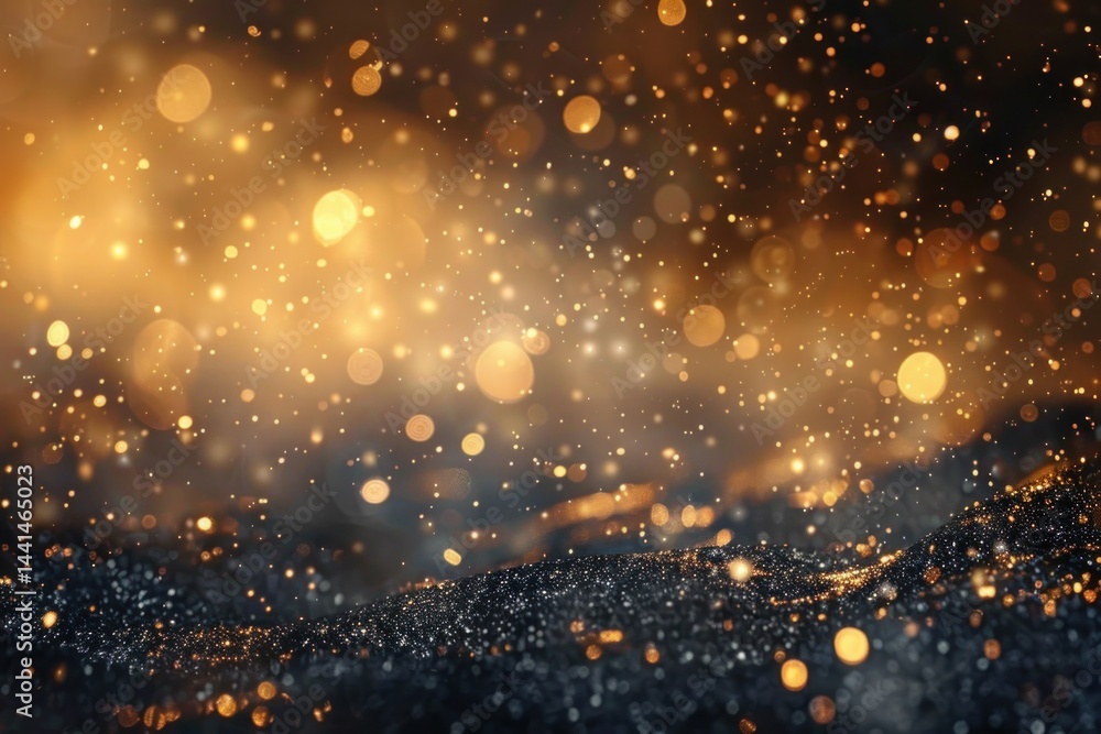 Aufkleber glowing golden particles scattered over a dark textured surface with bright warm light creating a ma