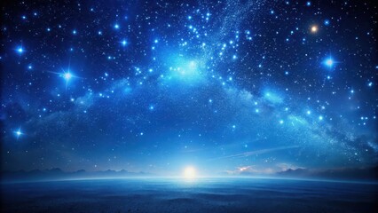Dark blue night sky with scattered starlight and a subtle glow effect from blue light overlay on the horizon, creating an otherworldly atmosphere, fantasy, glow effect