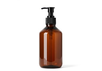 Amber bottle with pump dispenser for liquid soap or lotion on white background