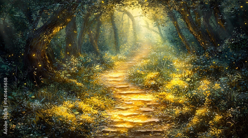 Poster magical sunlit forest path inviting wanderers to experience the enchantment of nature with sunlight 