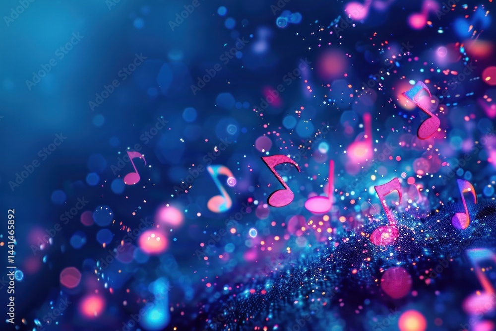 Poster colorful musical notes floating above a vibrant, sparkling surface with glowing blue and pink bokeh 