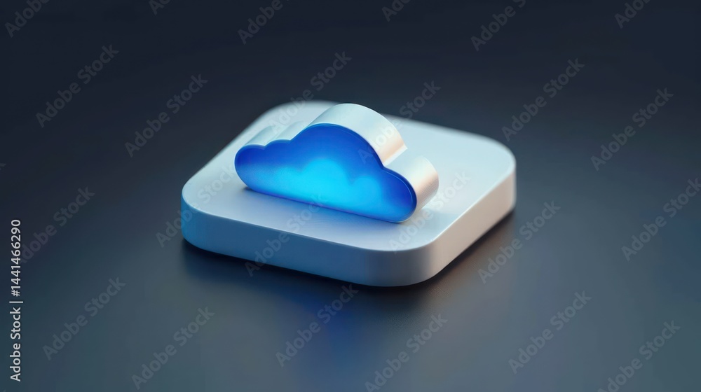 Poster glowing blue cloud icon on a white square base with dark smooth background representing digital data