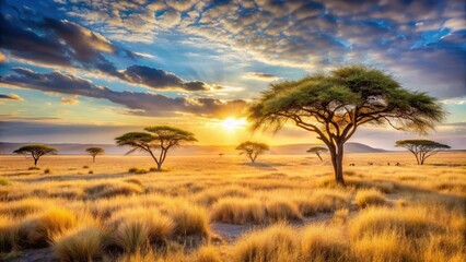 Obraz premium Desert landscape with acacia trees and golden savannah grasslands at sunset, open space