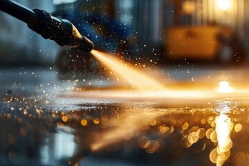 close-up of a power washer spraying water with bright glowing droplets and reflections on a wet surface in an urban outdoor setting during dusk
