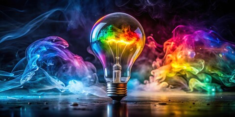 A light bulb surrounded by colorful smoke rising upwards towards the sky with water splashing in the background, radiant glow, light bulb