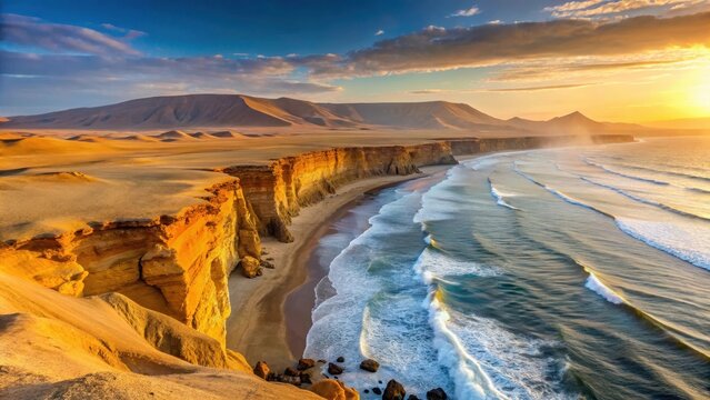 Panoramic image of Playa de la Mina at sunset with the Paracas Desert coastline, featuring rocky outcrops and sandy beach, rock formations, costa peruana