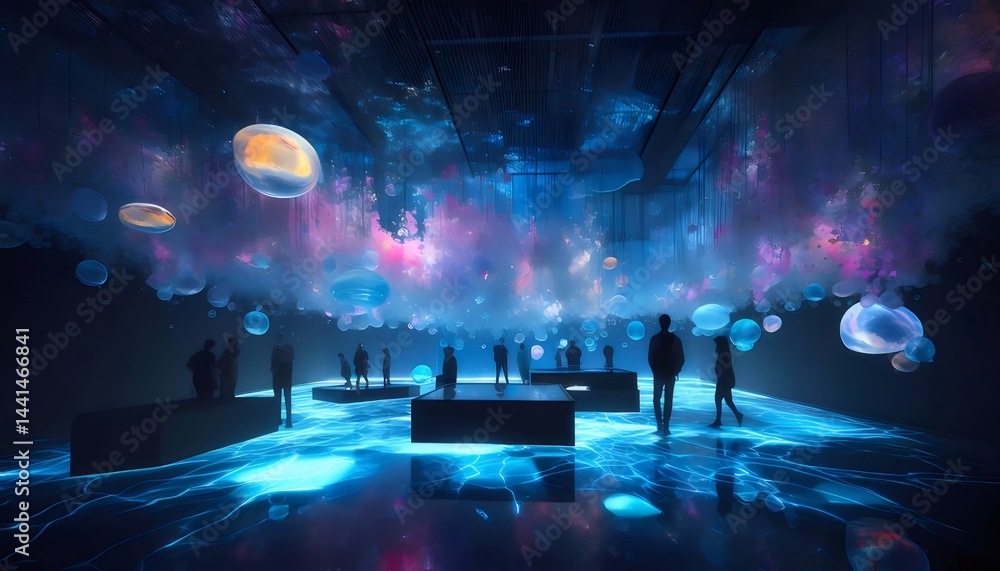 Poster 光と色のインスタレーションで人々を魅了する暗い空間の展示 青い光と多色の宇宙的背景のシルエット