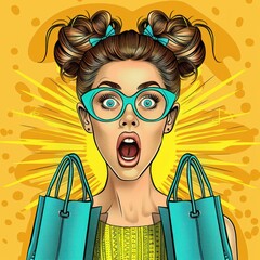 portrait of a woman with brown hair styled in two buns wearing a yellow lace top and holding two blue shopping bags against a bright yellow background with abstract rays and dots
