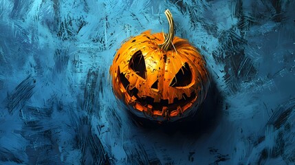 Spooky Halloween Pumpkin with Creepy Face on Blue Background