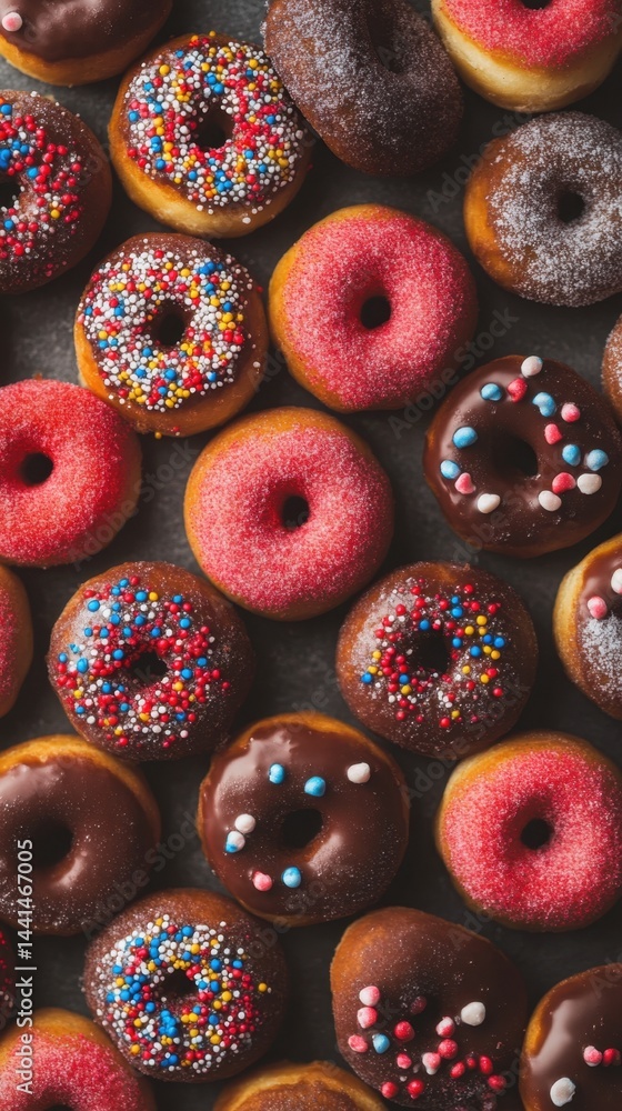 Poster delicious assortment of colorful donuts with sprinkles and icing arranged in a playful pattern overh