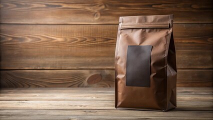 Fototapeta premium Dark brown coffee package sitting on a light wooden table