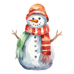 snowman with a scarf and hat cute watercolors illustration on white background