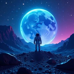 Fototapeta premium Lone astronaut standing in neon blue light on alien planet, universe, science fiction, exploration