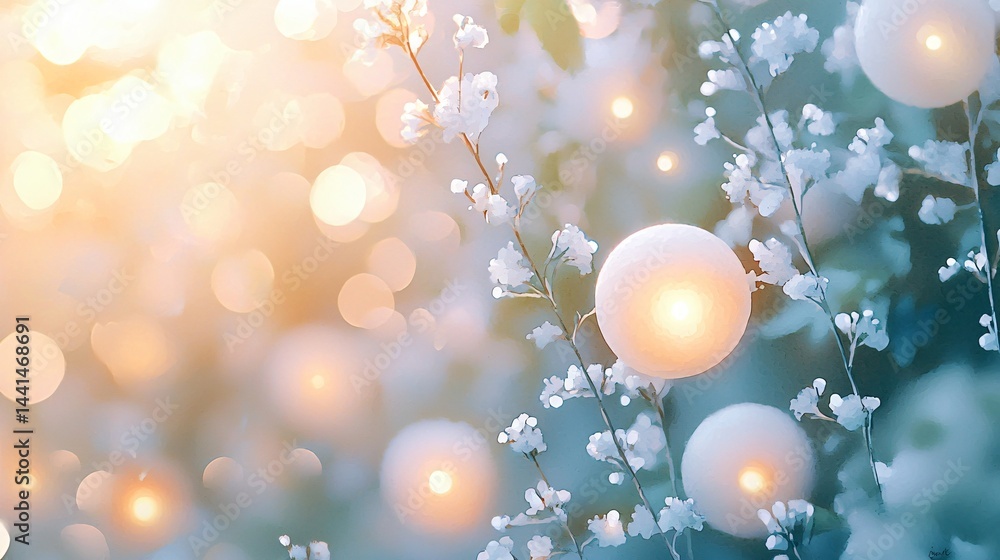 Poster a bunch of flowers adorned with glowing lights in the background creating a soft and ethereal ambian