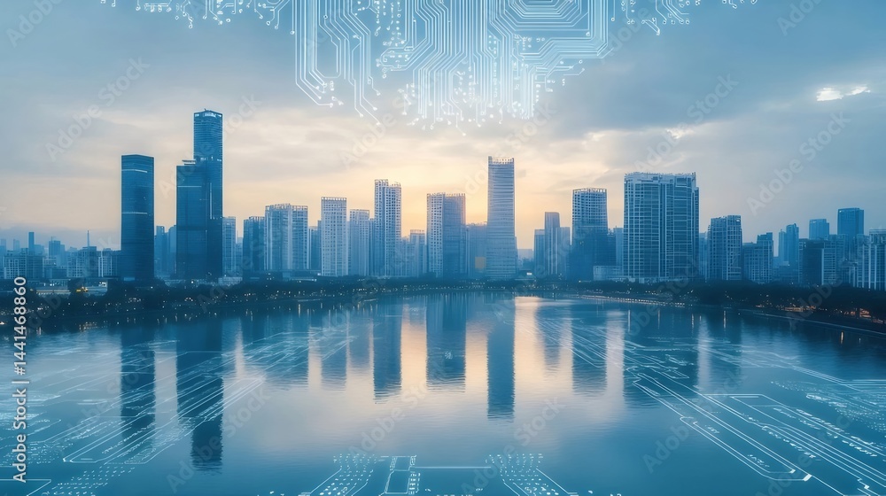 Poster 都市のスカイラインと湖の夜明け風景 青い空と光の反射 高層ビル群と未来的なデジタル回路の背景