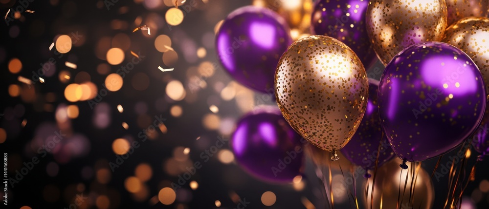 Poster festive purple and gold balloons floating against a dark background with bokeh lights creating a cel
