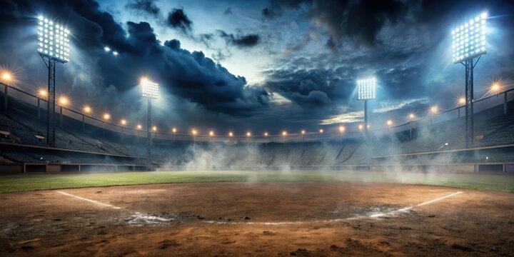 An abandoned baseball field at dusk with dense smoke billowing from the infield and dust coating everything under the bright stadium lights, overcast baseball, nighttime sports