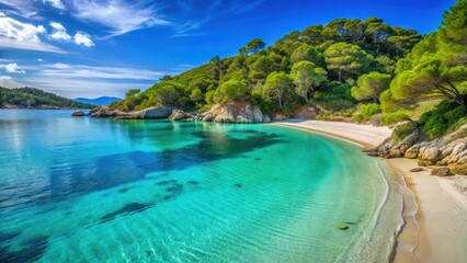 Fototapeta premium Turquoise waters gently lapping against a pristine white sandy beach on Porquerolles Island, surrounded by lush greenery and towering limestone cliffs , porquerolles island, south france