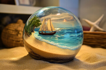 Large transparent glass ball, inside is a beautiful sea and small boat, Keeping good memories