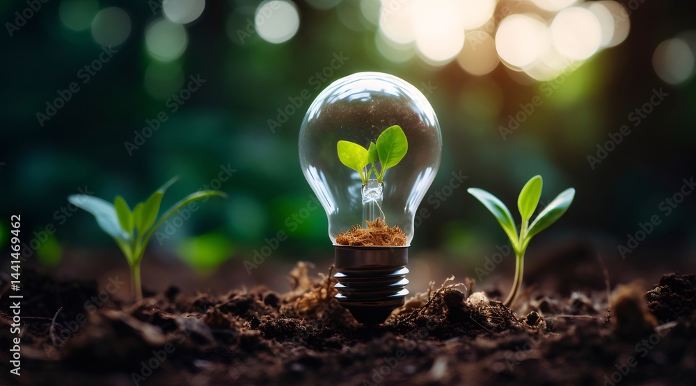 Poster 電球の中に芽吹く植物 土壌に根ざす成長の象徴 緑と光のコントラスト 環境保護と持続可能性のテーマ 自然とテクノロジーの融合