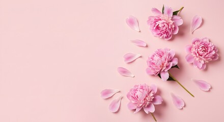 Naklejka premium Pink flowers and petals are arranged on a light pink background.