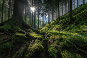 Fototapeta premium Sunlit Forest Floor, Mossy Roots