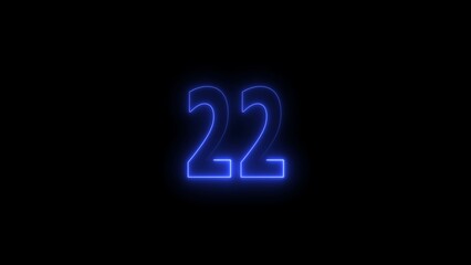 neon blue number 22. digital glowing number design.