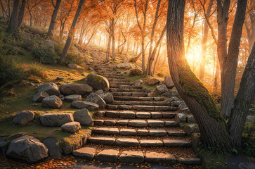 stone steps up hillside in park at late afternoon