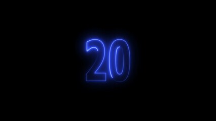 neon blue number 20. digital glowing number design.