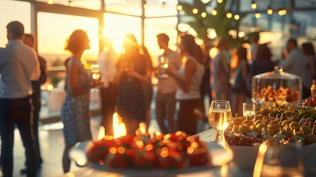 People socializing and enjoying appetizers and drinks at a warm, sunlit indoor gathering during sunset, creating a relaxed and festive atmosphere