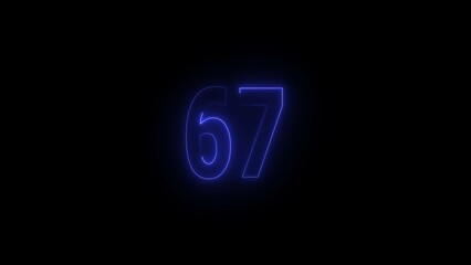 neon blue number 67. digital glowing number design.