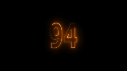 Glowing orange 94. neon style countdown number illustration.