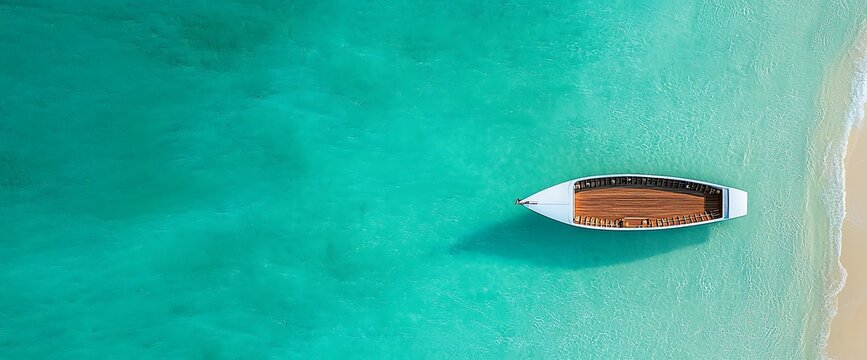 Aerial view of a boat floating in crystal clear turquoise water near a sandy beach
