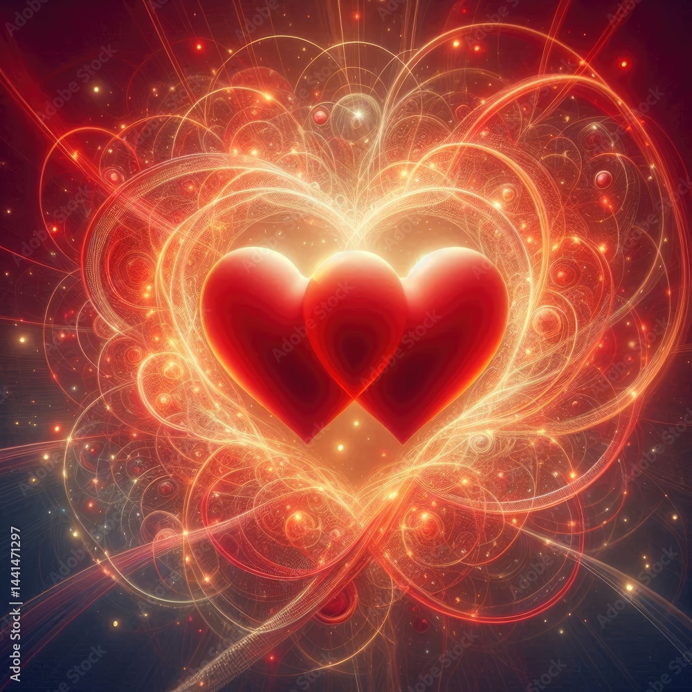 Poster two luminous red hearts intricately intertwined, surrounded by a soft, warm glow. the background fea