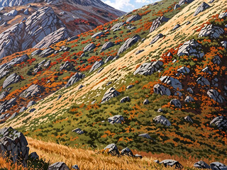 rocky hillside with bushes and dried grass