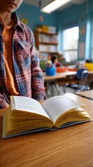 Boy reading open book at school desk, blurred classroom background, possible educational use