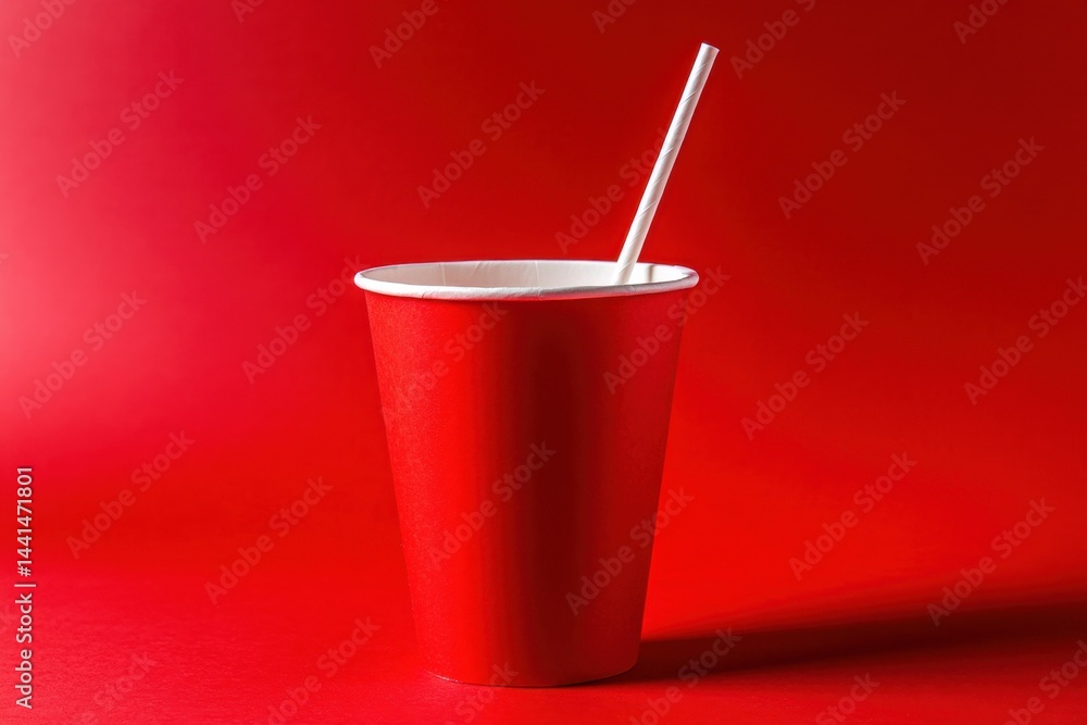 Poster bright red paper cup with white straw on matching monochrome background creating a vibrant and eye c