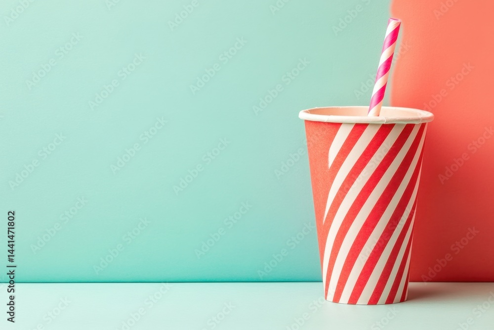 Poster vibrant striped paper cup with straw on a colorful background offering a refreshing and inviting vis