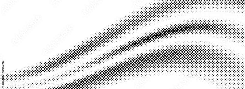 Poster Black halftone dot wave pattern. Abstract grain fluid texture. Dotted curve wallpaper. Grit undulate swoosh overlay for poster, banner, brochure, flyer, leaflet, brochure. Vector rasterized background