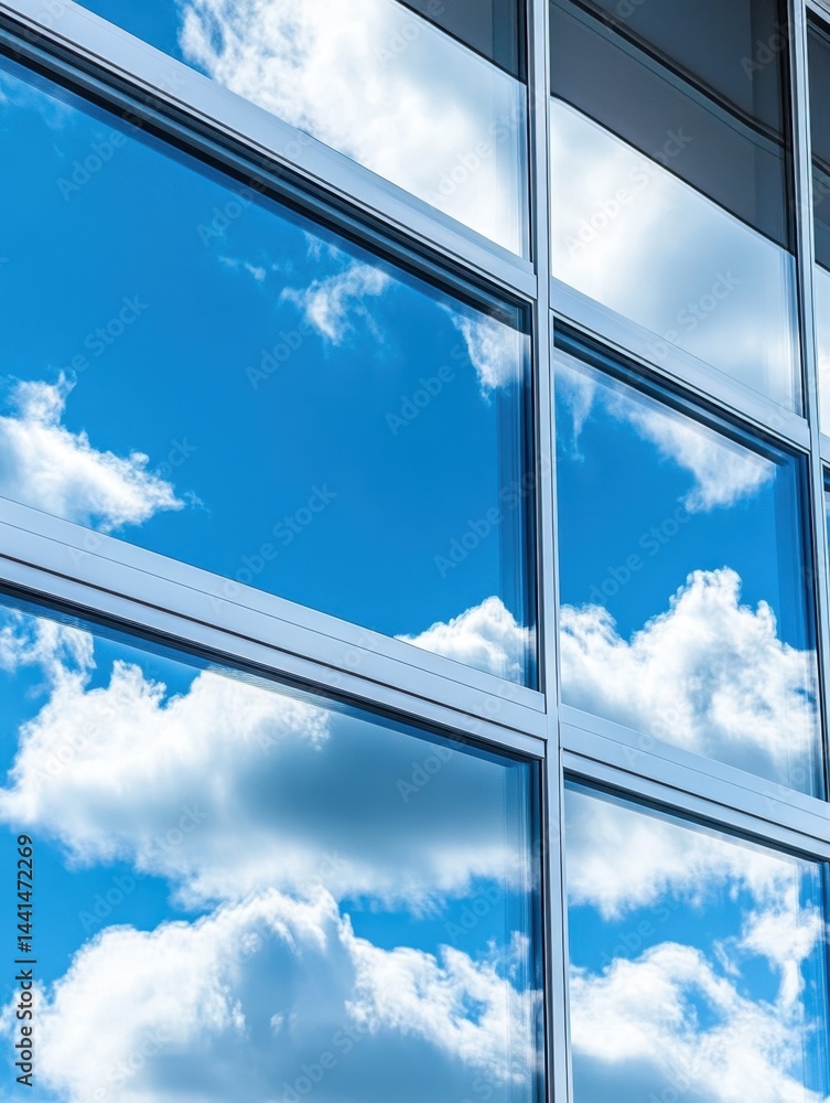 Poster sky reflection in modern glass facade creating a vibrant and dynamic architectural composition with 