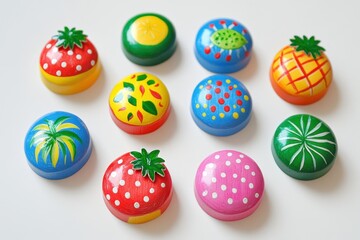Whimsical fruit themed wooden toys in vibrant colors against a clean white backdrop offering a playful and cheerful visual for creative projects and designs