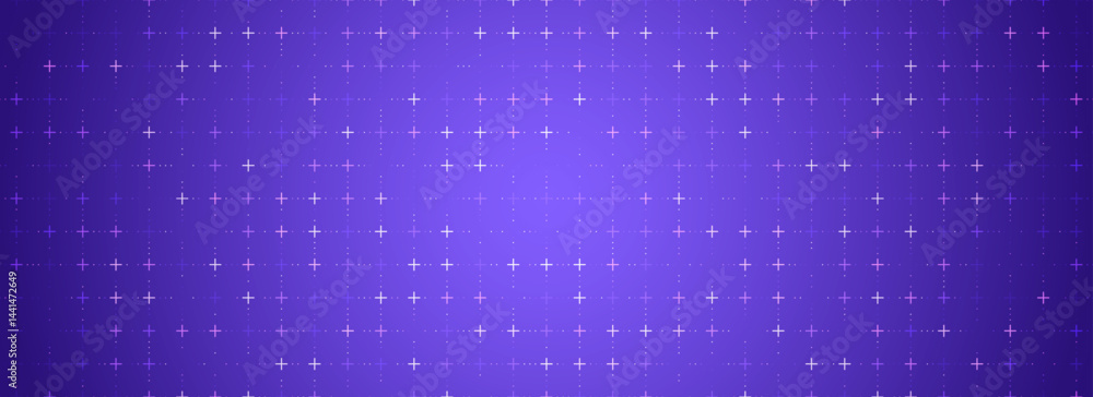 Poster Purple glowing square grid background. Cross and dot tech network backdrop. Abstract checkered dashboard pattern for science, technology, business, healthcare, medicine design. Vector wallpaper