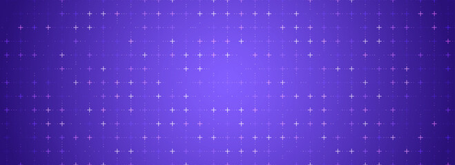 Purple glowing square grid background. Cross and dot tech network backdrop. Abstract checkered dashboard pattern for science, technology, business, healthcare, medicine design. Vector wallpaper