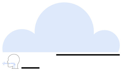 Head silhouette exhaling air with airflow representation, large abstract cloud shape above, and bold horizontal lines. Ideal for respiratory health, science, air quality, mindfulness, relaxation