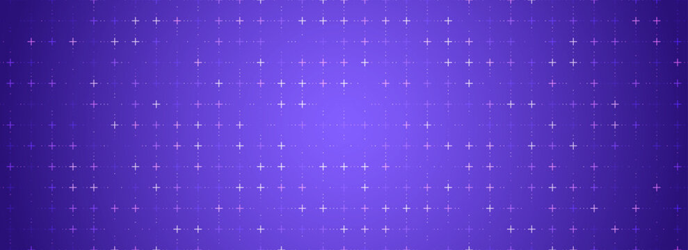 Purple glowing square grid background. Cross and dot tech network backdrop. Abstract checkered dashboard pattern for science, technology, business, healthcare, medicine design. Vector wallpaper - Powered by Adobe